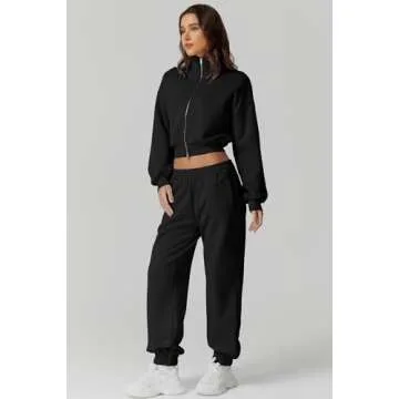 QINSEN Sweatsuit for Women Standard Collar Hoodies Baggy Joggers 2 Piece Tracksuit Fleece Matching Sets Black S