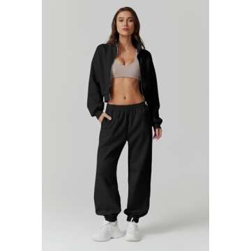 QINSEN Sweatsuit for Women Standard Collar Hoodies Baggy Joggers 2 Piece Tracksuit Fleece Matching Sets Black S