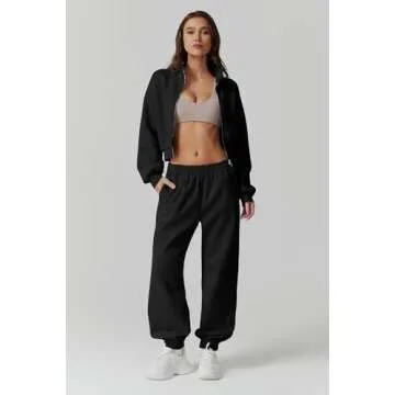 QINSEN Sweatsuit for Women Standard Collar Hoodies Baggy Joggers 2 Piece Tracksuit Fleece Matching Sets Black S