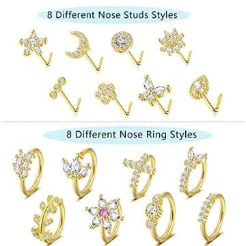ZNBOH 16Pcs 20G Stainless Steel Nose Rings Hoop for Women Men Paved CZ Cartilage Earring Hoop Cute B...