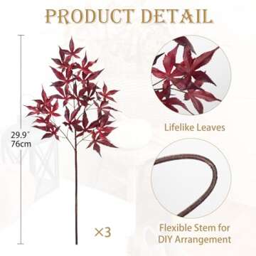 3Pcs Artificial Maple Leaves Branches 30'' Autumn Fake Fall Leaves Stems Plants Faux Maple Leaf Bush...
