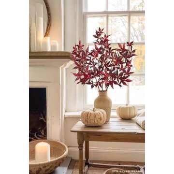 3Pcs Artificial Maple Leaves Branches 30'' Autumn Fake Fall Leaves Stems Plants Faux Maple Leaf Bushes Shrubs for Home Kitchen Decor Thanksgiving Table Fireplace Festival Party Decorations Red