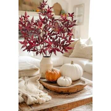 3Pcs Artificial Maple Leaves Branches 30'' Autumn Fake Fall Leaves Stems Plants Faux Maple Leaf Bushes Shrubs for Home Kitchen Decor Thanksgiving Table Fireplace Festival Party Decorations Red