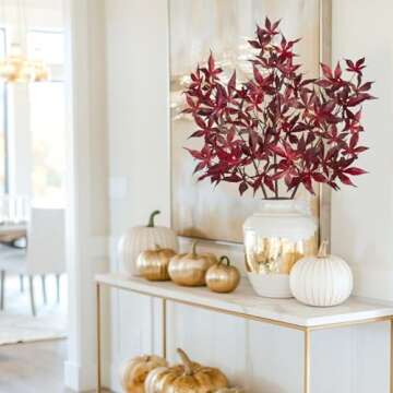 3Pcs Artificial Maple Leaves Branches 30'' Autumn Fake Fall Leaves Stems Plants Faux Maple Leaf Bushes Shrubs for Home Kitchen Decor Thanksgiving Table Fireplace Festival Party Decorations Red