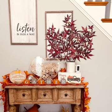 3Pcs Artificial Maple Leaves Branches 30'' Autumn Fake Fall Leaves Stems Plants Faux Maple Leaf Bushes Shrubs for Home Kitchen Decor Thanksgiving Table Fireplace Festival Party Decorations Red