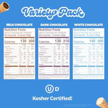 Muddy Bites Waffle Cone Snacks Bite Sized Filled Cone Bites for Snack or Dessert, Milk, Dark & White Chocolate, Made with Cane Sugar, Kosher, Fair Trade Certified (Variety Pack, 6 Bags)