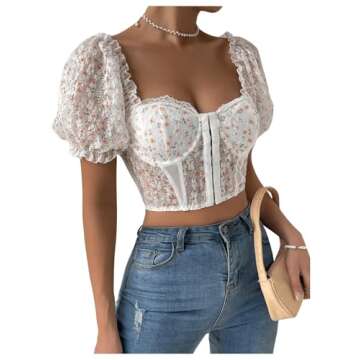 OYOANGLE Women's Floral Short Puff Sleeve Crop Top