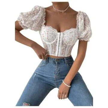 OYOANGLE Women's Floral Short Puff Sleeve Crop Top