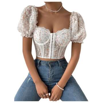 OYOANGLE Women's Floral Short Puff Sleeve Crop Top