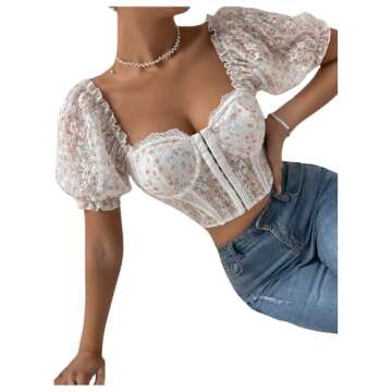 OYOANGLE Women's Floral Short Puff Sleeve Crop Top