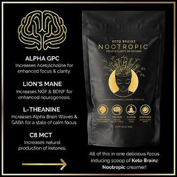 Keto Brainz C8MCT Based Nootropic - with 500mg Lion's Mane Mushroom, AlphaGPC & L-Theanine This is The Ultimate Easy to use nootropic Stack & Makes Delicious Mushroom Coffee! 16oz. 30 Servings
