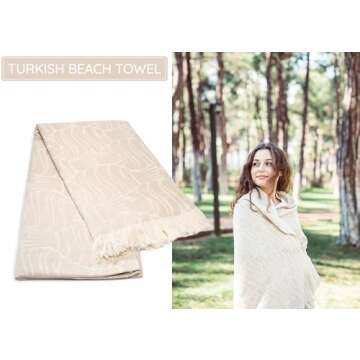 Mebien touche de la nature Premium Turkish Beach Towel (35”x67”) Suitable for Adults and Kids 100% Natural Cotton Quick Dry and Sand Free Turkish Towel Beach Blanket– Beige Fish Color