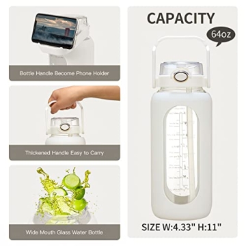 Chunmo 64oz Glass Water Bottle with Straw and Time Marker
