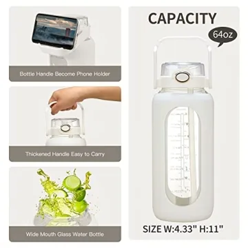Chunmo 64oz Glass Water Bottle with Straw and Time Marker