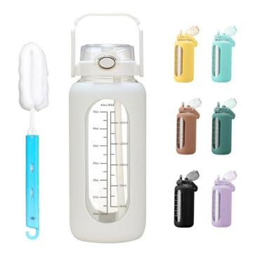 Chunmo 64oz Glass Water Bottle with Straw and Time Marker