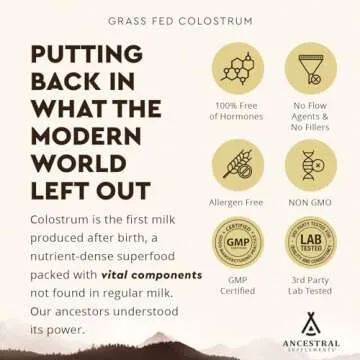 Ancestral Supplements Grass Fed Beef Colostrum Supplement, 3000 mg, Offers Immune Support and Promotes Gut Health, Athletic Performance, Healthy Iron Levels, Growth and Repair, Non GMO, 180 Capsules