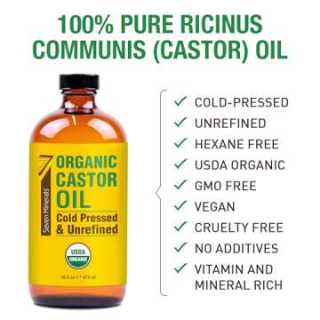 Seven Minerals New 16 fl oz Glass Bottle Castor Oil Organic Cold Pressed Unrefined Glass Bottle Pack...