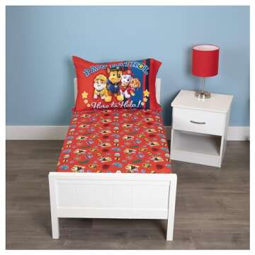 Paw Patrol Sheet Set - Fits Toddler Bed or Crib Mattress - Fitted Sheet and Reversible Pillowcase, Red