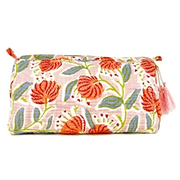 Block Print Designer Toiletry Bag & Makeup Case - Boho Floral Quilted Pouch for Cosmetics, Skincare - Waterproof Lined Organizer for Diaper Bag, Purse, Travel, Gift, Pencils (Pink Multi Floral)