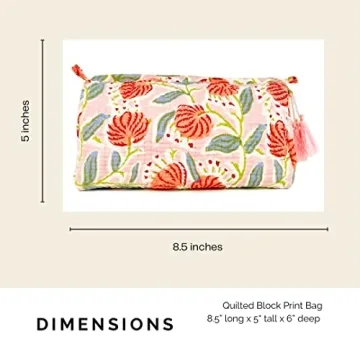 Block Print Designer Toiletry Bag & Makeup Case - Boho Floral Quilted Pouch for Cosmetics, Skincare - Waterproof Lined Organizer for Diaper Bag, Purse, Travel, Gift, Pencils (Pink Multi Floral)