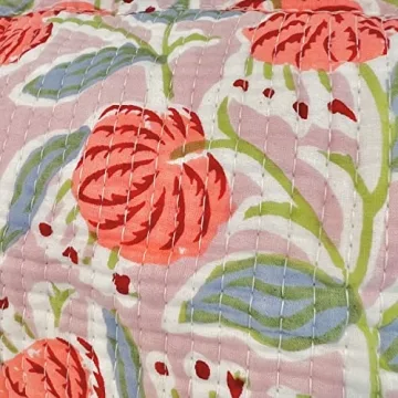 Block Print Designer Toiletry Bag & Makeup Case - Boho Floral Quilted Pouch for Cosmetics, Skincare - Waterproof Lined Organizer for Diaper Bag, Purse, Travel, Gift, Pencils (Pink Multi Floral)