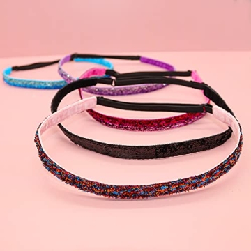FROG SAC 6 Glitter Headbands for Girls, Adjustable Non Slip Thin Stretch Elastic Sports Headband for Teens, Cute Stretchy Athletic Sports Hair Accessories for Kids