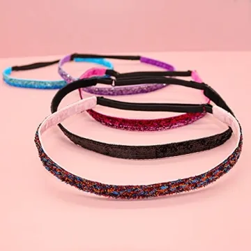 FROG SAC 6 Glitter Headbands for Girls, Adjustable Non Slip Thin Stretch Elastic Sports Headband for Teens, Cute Stretchy Athletic Sports Hair Accessories for Kids