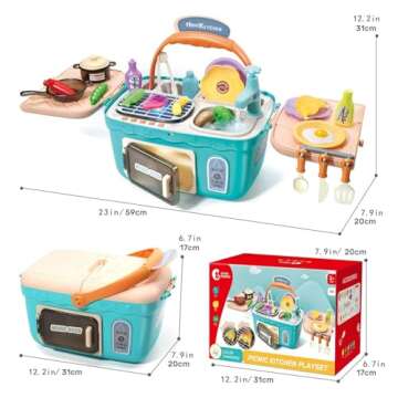 CUTE STONE Kids Picnic & Kitchen Playset,Portable Pinic Basket with Musics & Lights, Color Changing Play Foods, Sink,Pretend Play Oven and Other Accessories Toys for Boys and Girls