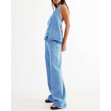 Fisoew Women's Two Piece Denim Set Button Down Backless Tank Top and Wide Leg Jeans 2 Piece Outfit S...