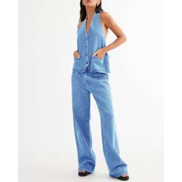 Fisoew Women's Two Piece Denim Set Button Down Backless Tank Top and Wide Leg Jeans 2 Piece Outfit Suits