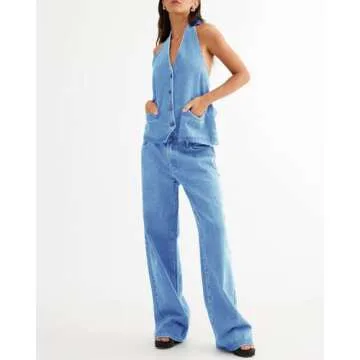 Fisoew Women's Two Piece Denim Set Button Down Backless Tank Top and Wide Leg Jeans 2 Piece Outfit Suits