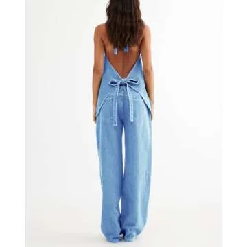 Fisoew Women's Two Piece Denim Set Button Down Backless Tank Top and Wide Leg Jeans 2 Piece Outfit Suits