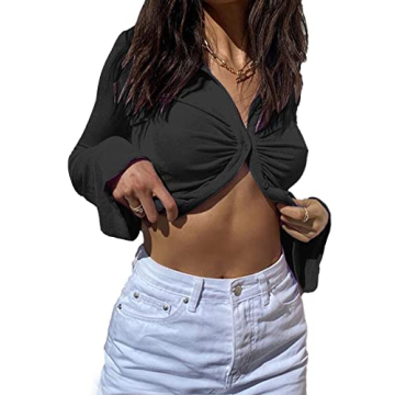 LYANER Fitted Long Sleeve Ruched Crop Top for Women