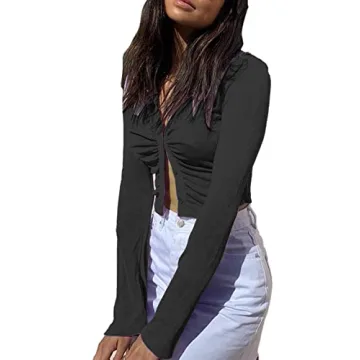 LYANER Fitted Long Sleeve Ruched Crop Top for Women