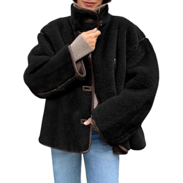 Tankaneo Womens Faux Fur Jackets Warm Winter Casual Button Down Stand Collar Long Sleeve Shaggy Outwear Coats