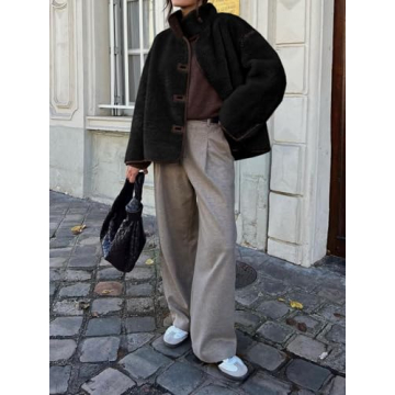 Tankaneo Womens Faux Fur Jackets Warm Winter Casual Button Down Stand Collar Long Sleeve Shaggy Outwear Coats