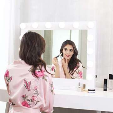 SHOWTIMEZ Hollywood Mirror with Lights, Lighted Vanity Mirror with 14 Dimmable LED Bulbs, 2 USB Ports and US Plugs, Tabletop or Wall-Mounted Makeup Mirror, White, W31.5xH25.5 inch