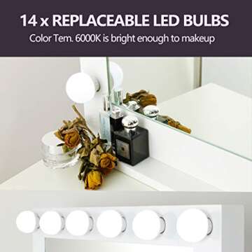 SHOWTIMEZ Hollywood Mirror with Lights, Lighted Vanity Mirror with 14 Dimmable LED Bulbs, 2 USB Ports and US Plugs, Tabletop or Wall-Mounted Makeup Mirror, White, W31.5xH25.5 inch