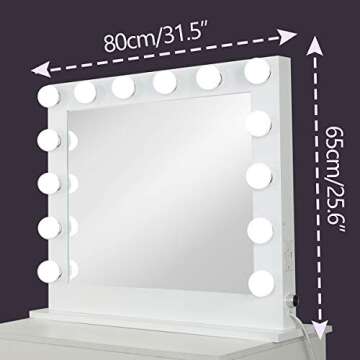 SHOWTIMEZ Hollywood Mirror with Lights, Lighted Vanity Mirror with 14 Dimmable LED Bulbs, 2 USB Ports and US Plugs, Tabletop or Wall-Mounted Makeup Mirror, White, W31.5xH25.5 inch