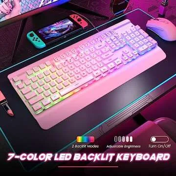 Pink Creamy Keyboard, 104 Keys All-Metal Panel, Rainbow LED Backlit Silent Gaming Keyboard, Wrist Re...