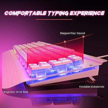 Pink Creamy Keyboard, 104 Keys All-Metal Panel, Rainbow LED Backlit Silent Gaming Keyboard, Wrist Rest, PBT Keycap, Anti-ghosting Keys, Light Up USB Wired Computer Keyboard for PC