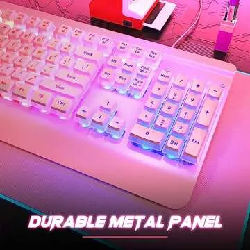 Pink Creamy Keyboard, 104 Keys All-Metal Panel, Rainbow LED Backlit Silent Gaming Keyboard, Wrist Rest, PBT Keycap, Anti-ghosting Keys, Light Up USB Wired Computer Keyboard for PC