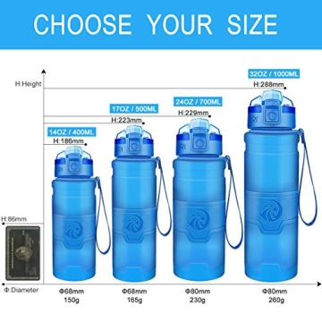 ZORRI Sports Water Bottle, 400/500/700ml/1L, BPA Free Leak Proof Plastic Bottles Outdoors,Camping,Cycling,Fitness,Gym,Yoga- Kids/Adults Drink Bottles Filter,Flip Top,Lockable Lid Open 1 Click