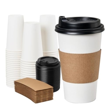 YEEHAW 16 oz 50 Pack Disposable Paper Coffee Cups with Lids & Sleeves, To Go Hot Cups for Coffee, Hot Beverage Drinking Cup, Ideal for Cafes, Bistros