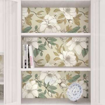 Floral Wallpaper Peel and Stick, Beige/White Flowers Contact Paper 17.5" x 393.7", Vintage Botanical Boho Wall Paper Waterproof Self Adhesive Removable for Room Shelves Cabinet Drawer Table Decor