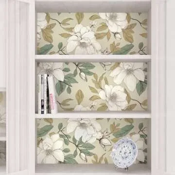 Floral Wallpaper Peel and Stick, Beige/White Flowers Contact Paper 17.5" x 393.7", Vintage Botanical Boho Wall Paper Waterproof Self Adhesive Removable for Room Shelves Cabinet Drawer Table Decor