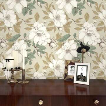 Floral Wallpaper Peel and Stick, Beige/White Flowers Contact Paper 17.5" x 393.7", Vintage Botanical Boho Wall Paper Waterproof Self Adhesive Removable for Room Shelves Cabinet Drawer Table Decor