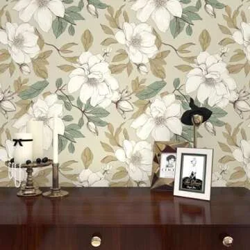 Floral Wallpaper Peel and Stick, Beige/White Flowers Contact Paper 17.5" x 393.7", Vintage Botanical Boho Wall Paper Waterproof Self Adhesive Removable for Room Shelves Cabinet Drawer Table Decor