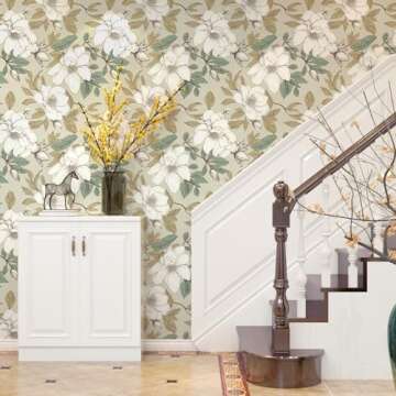 Floral Wallpaper Peel and Stick, Beige/White Flowers Contact Paper 17.5" x 393.7", Vintage Botanical Boho Wall Paper Waterproof Self Adhesive Removable for Room Shelves Cabinet Drawer Table Decor