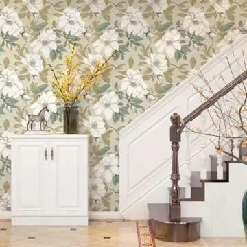 Floral Wallpaper Peel and Stick, Beige/White Flowers Contact Paper 17.5" x 393.7", Vintage Botanical Boho Wall Paper Waterproof Self Adhesive Removable for Room Shelves Cabinet Drawer Table Decor